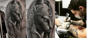 Tatuagem Anúbis realista na Tijuca RJ em black and grey com alto nível de detalhes e simbolismo egípcio. Agende sua tattoo no Inkverso.