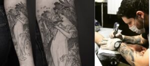 Veja uma tatuagem fine line Art Nouveau na Tijuca feita por Ricardo Marinho. Arte feminina delicada em black and grey com estilo clássico.