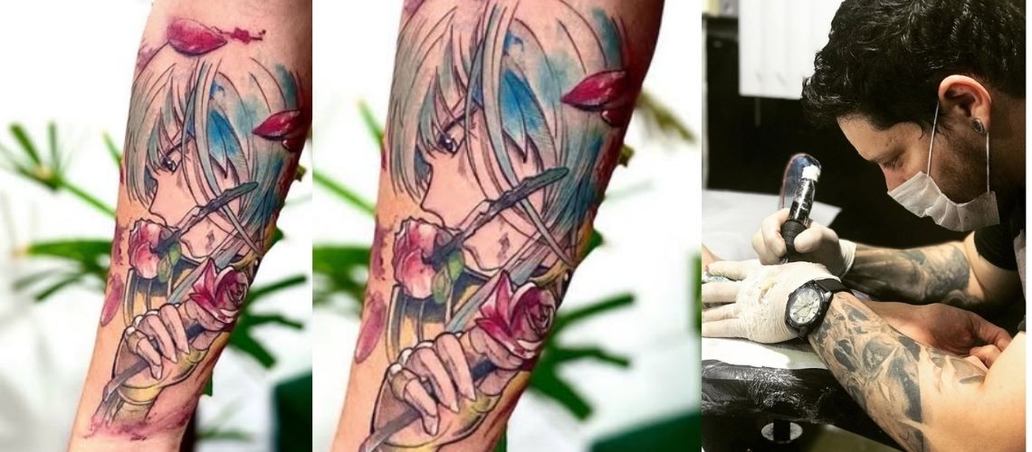Veja a tatuagem anime Cavaleiros do Zodíaco feita na Tijuca por Ricardo Marinho. Albafica de Peixes em estilo colorido com traços precisos.