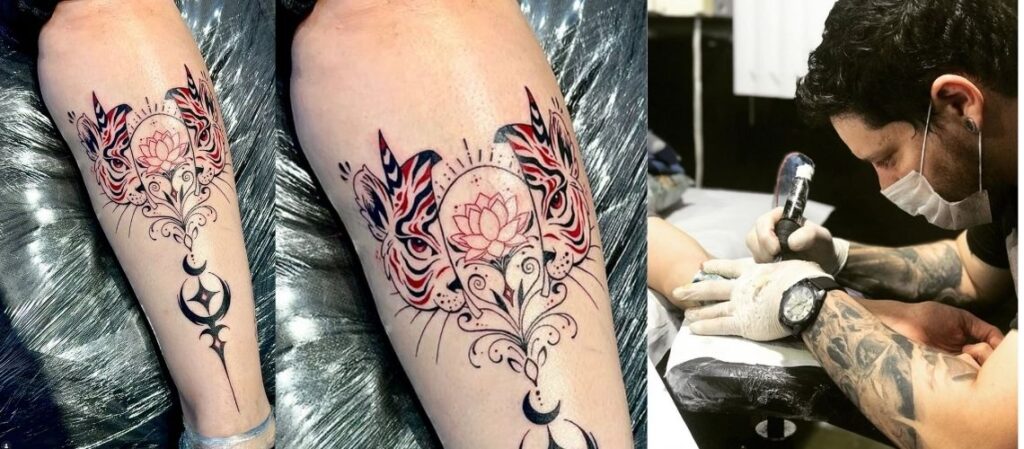 Tatuagem feminina na panturrilha na Tijuca com tigre e flor de lótus. Conheça o significado e agende com Ricardo Marinho.