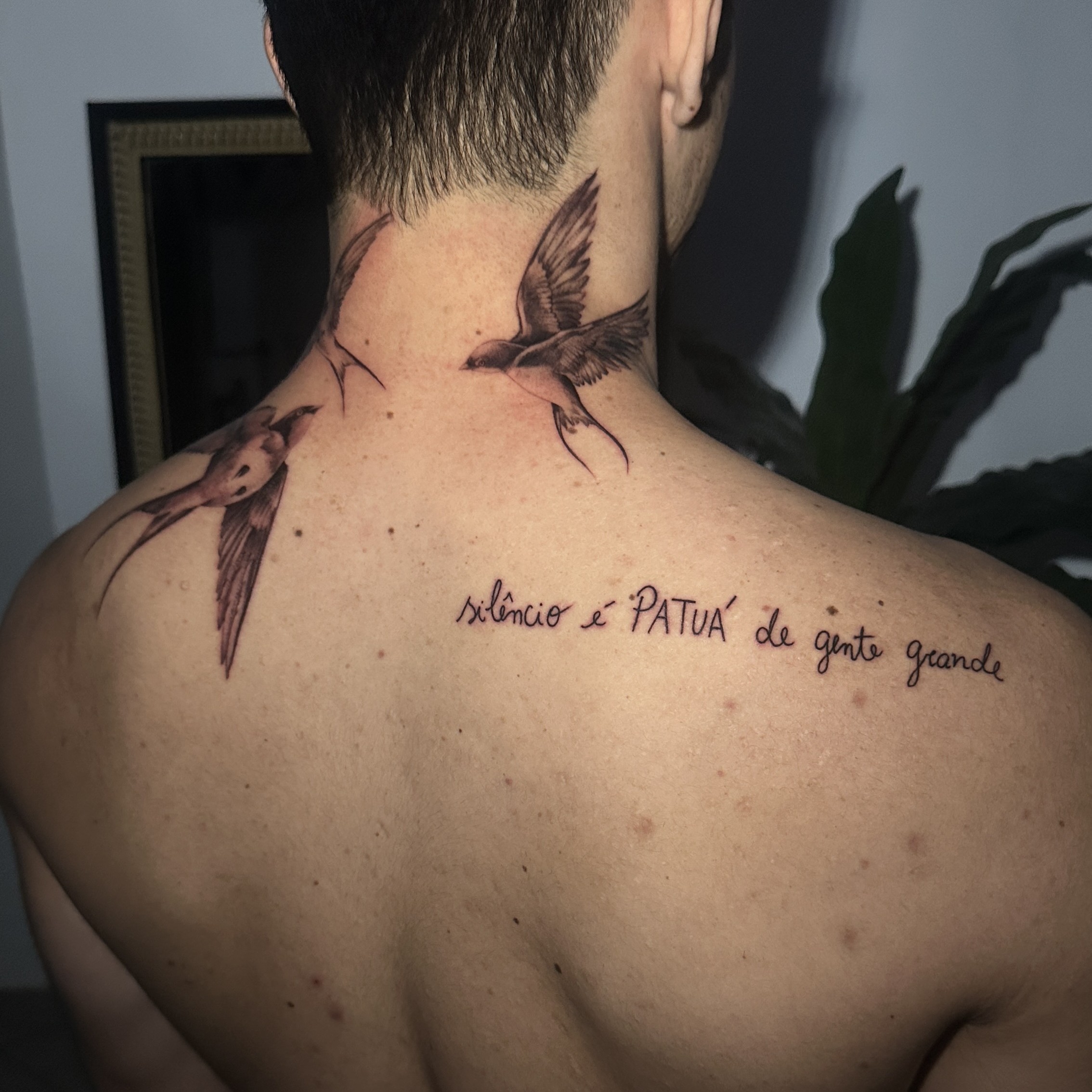 Tatuagem delicada de pássaros e frase nas costas por Ricardo Marinho